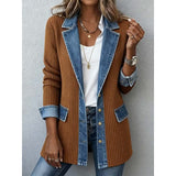 Veste casual Olyndra London en denim avec bordure, vue de face, en tissu bleu léger et style décontracté.