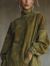 Robe col roulé Lucia de Olyndra London, vêtement en maille confortable portée sur un mannequin, couleur neutre.