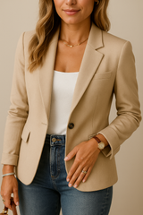 Blazer ajusté Serenelle de Olyndra London, veste élégante en tissu structuré, portée sur une mannequin.