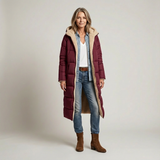 Manteau double face NOA de la marque Olyndra London, vue de face avec détails du tissu et style élégant.